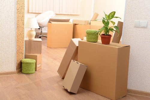Business stock and archive boxes arranged in self storage in Stratford